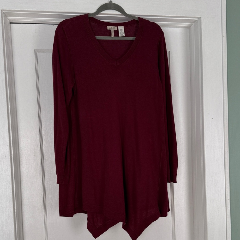 Logo Lori Goldstein Wine Color Long Sleeve V-Neck Tunic